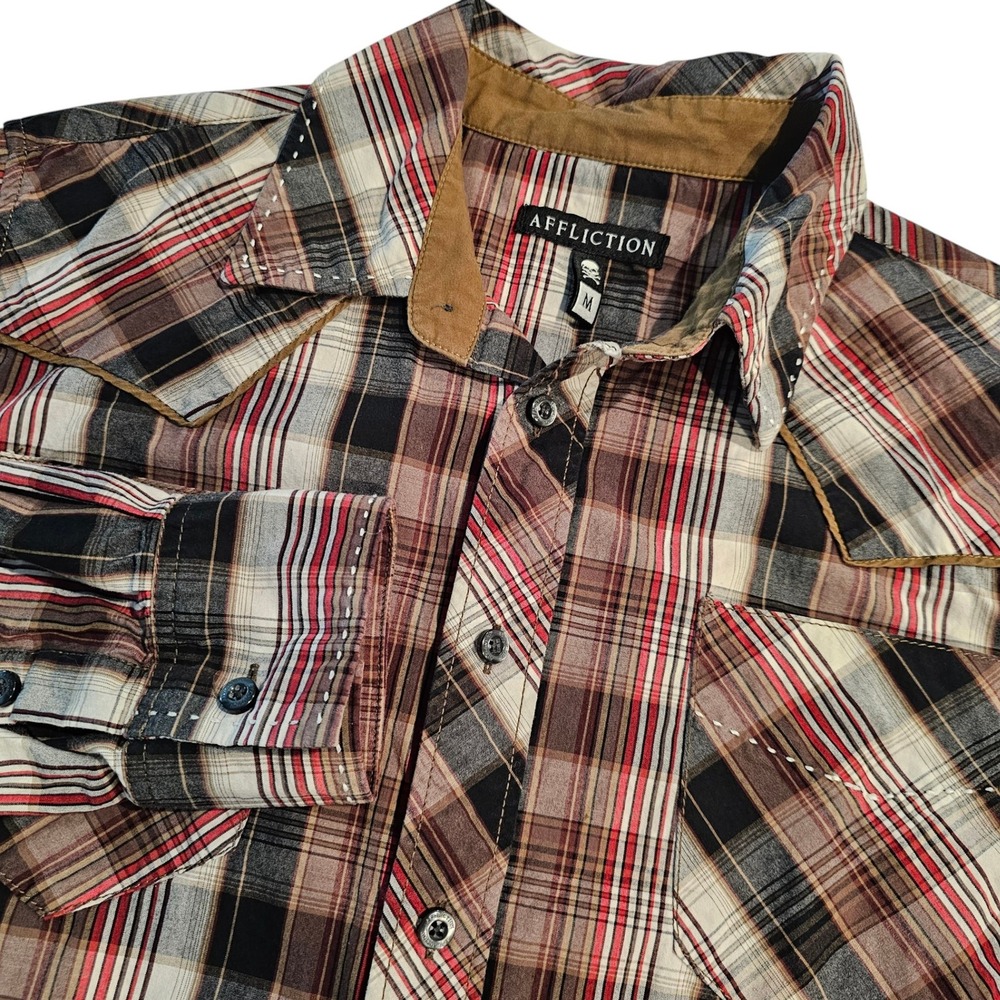 Affliction‎ Mens Western Button Down Shirt Brown Red Plaid Embroidered Size M